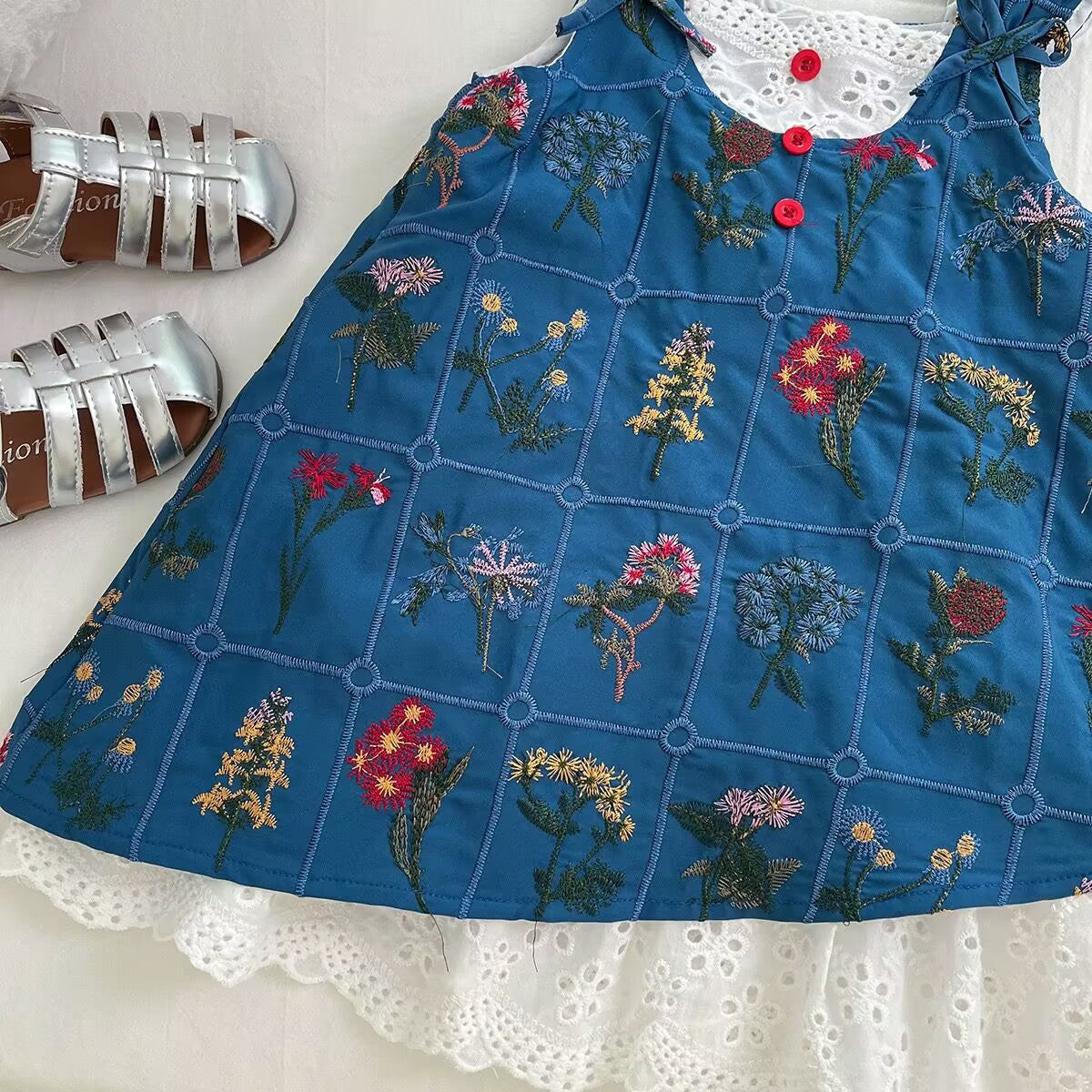 Blue Botanical Pinafore with White Eyelet Dress Set – TYM-YWL-060