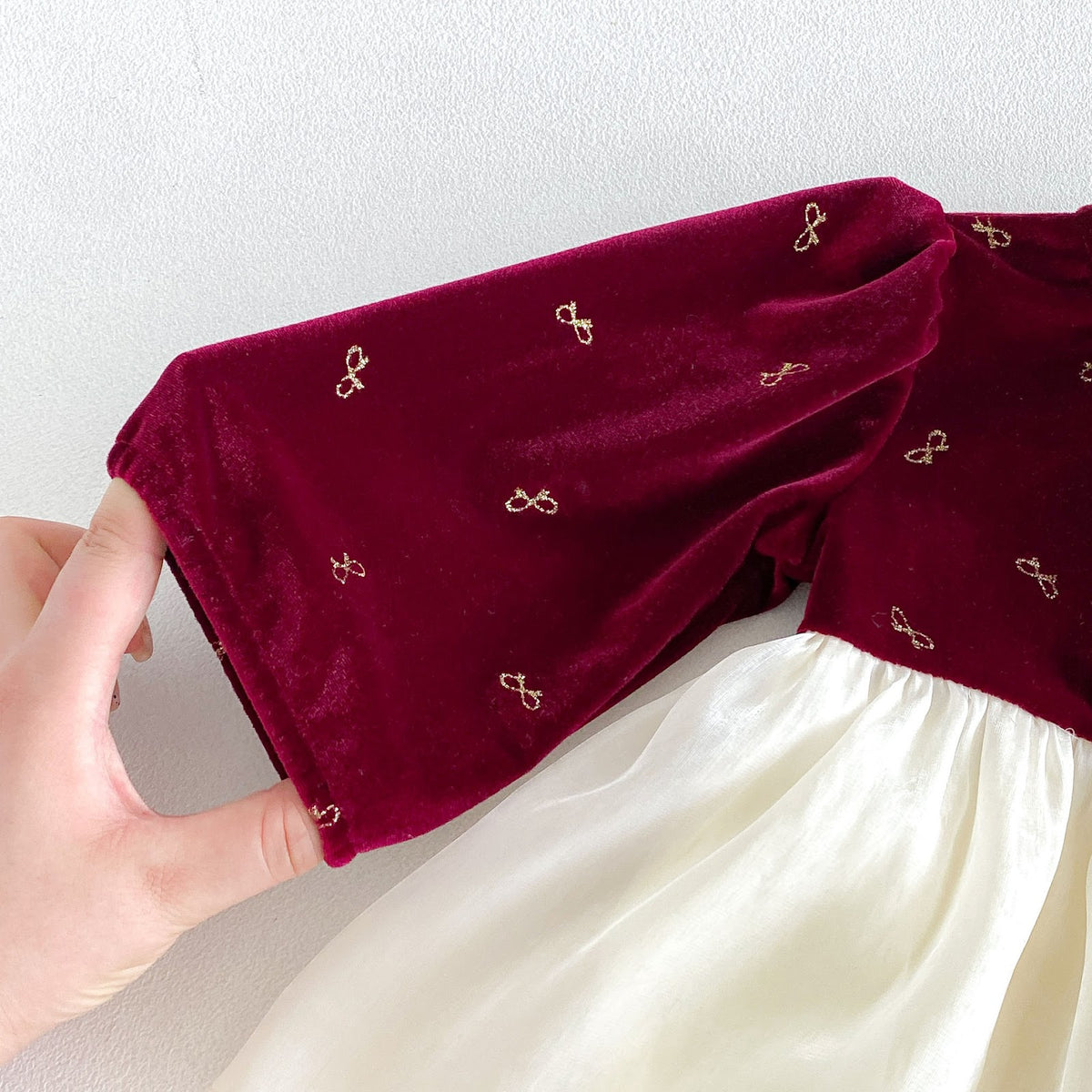 Wine Red Velvet Bow Print Skirted Romper – TYM-FCN-006