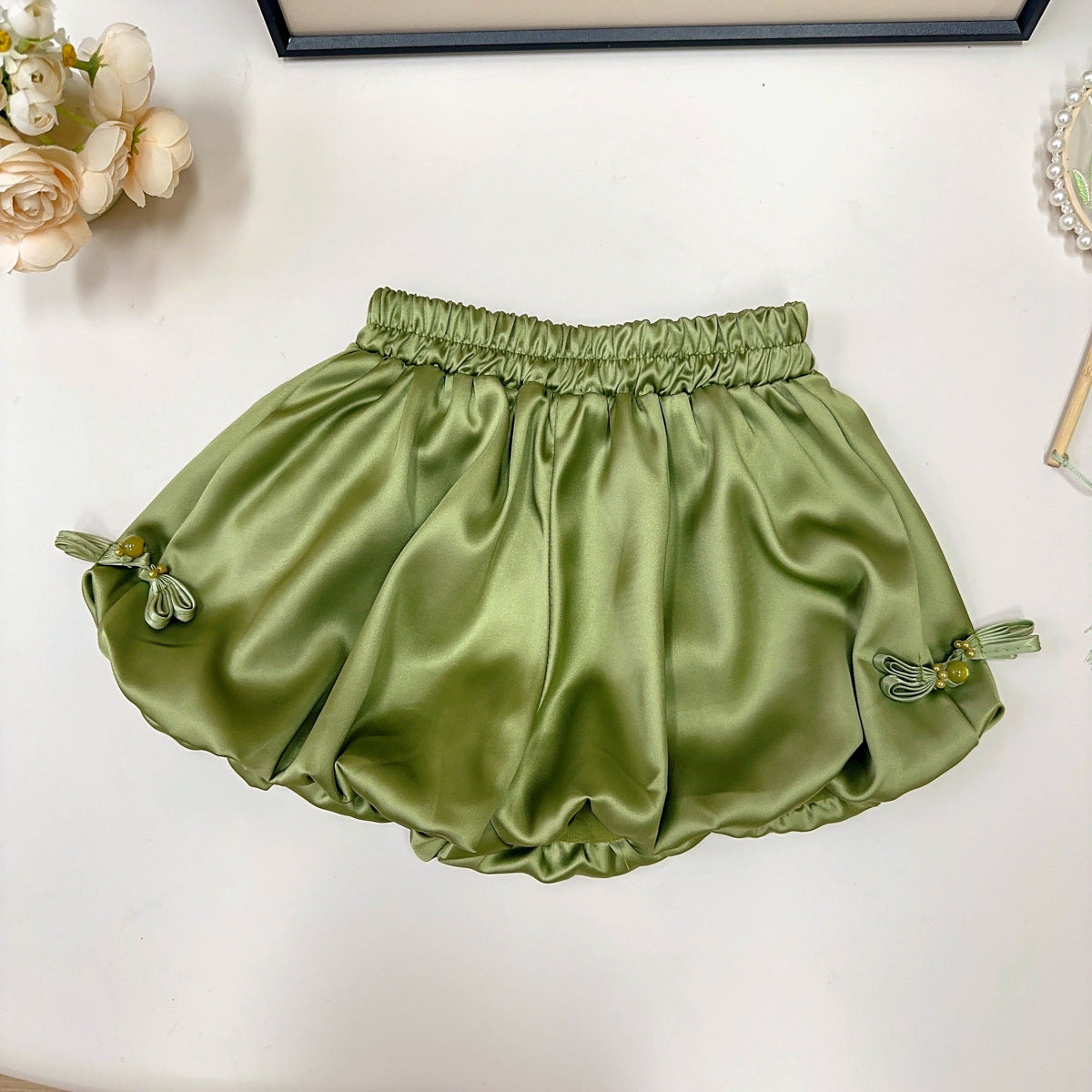 Cream Floral Mandarin Top and Green Bubble Shorts Set – TYM-YWL-021