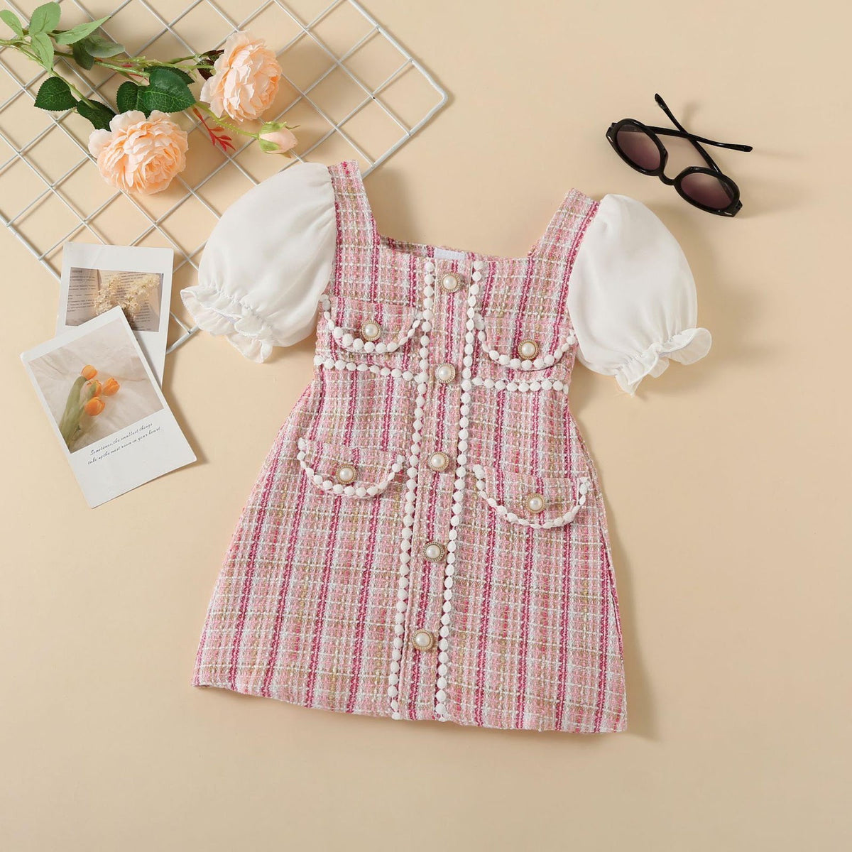 Pink Tweed-Look Puff Sleeve Frock – TYM-YWL-055