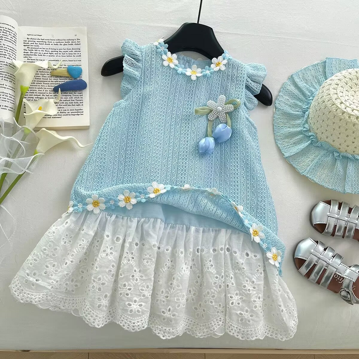 Sky Blue Daisy Trim Eyelet Hem Frock – TYM-YWL-037