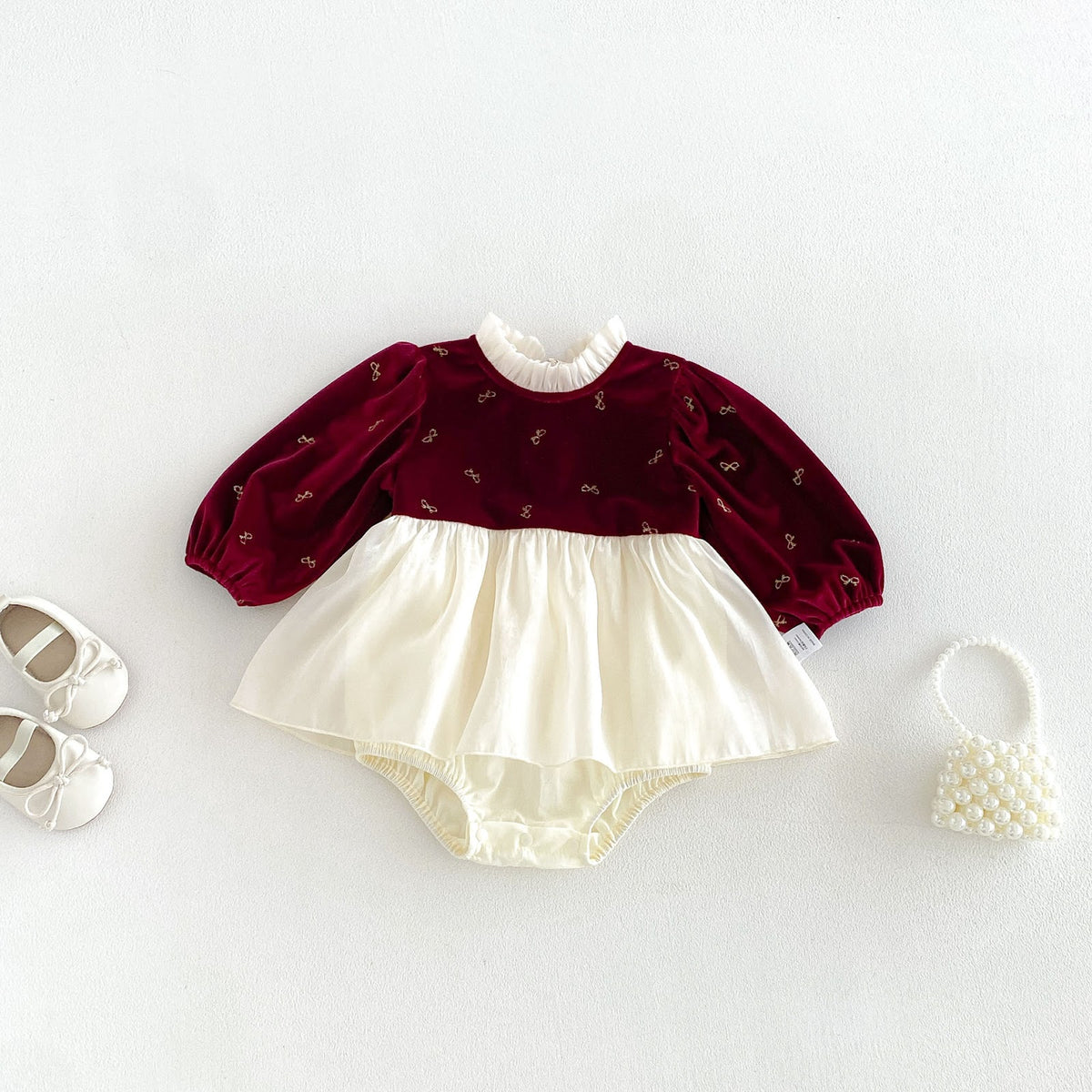 Wine Red Velvet Bow Print Skirted Romper – TYM-FCN-006