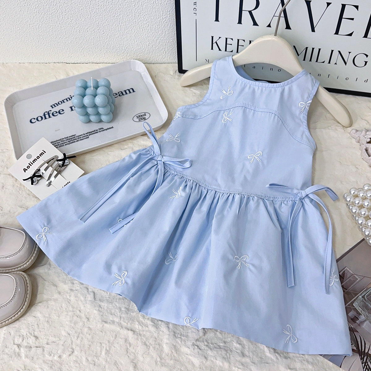 Sky Blue Bow Embroidered Sleeveless Frock – TYM-YWL-005
