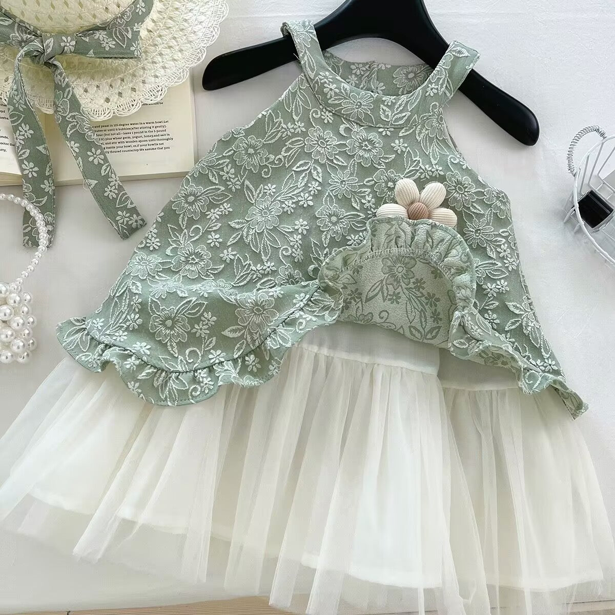 Sage Green Embroidered Halter Top and Tulle Skirt – TYM-YWL-053