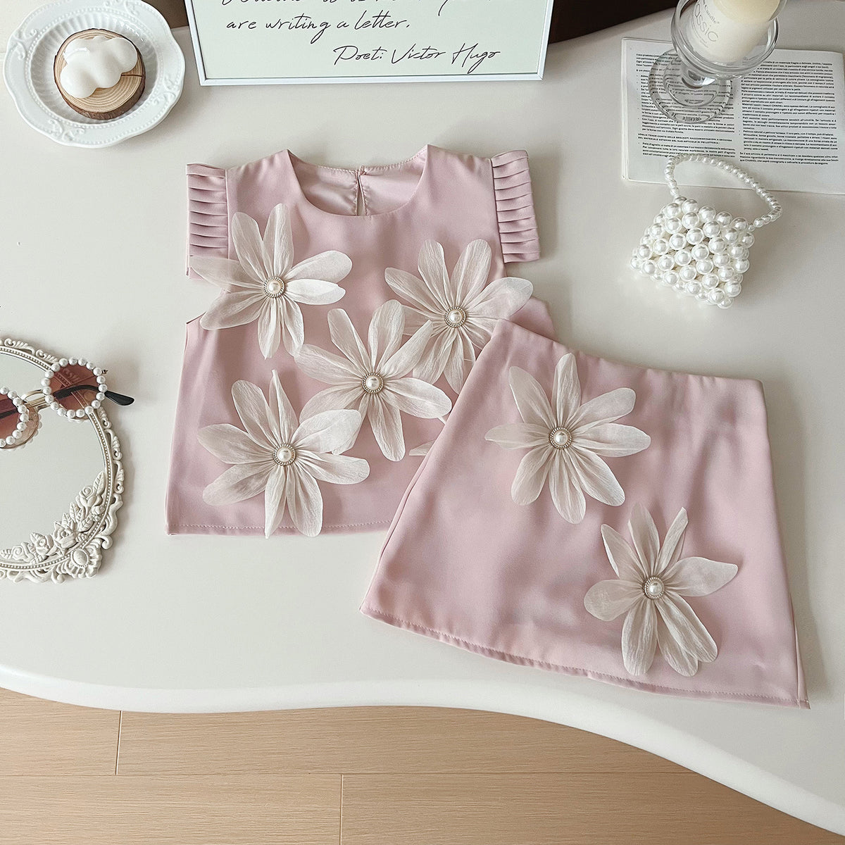 Pink 3D Pearl Flower Top and Skirt Set – TYM-YWL-027