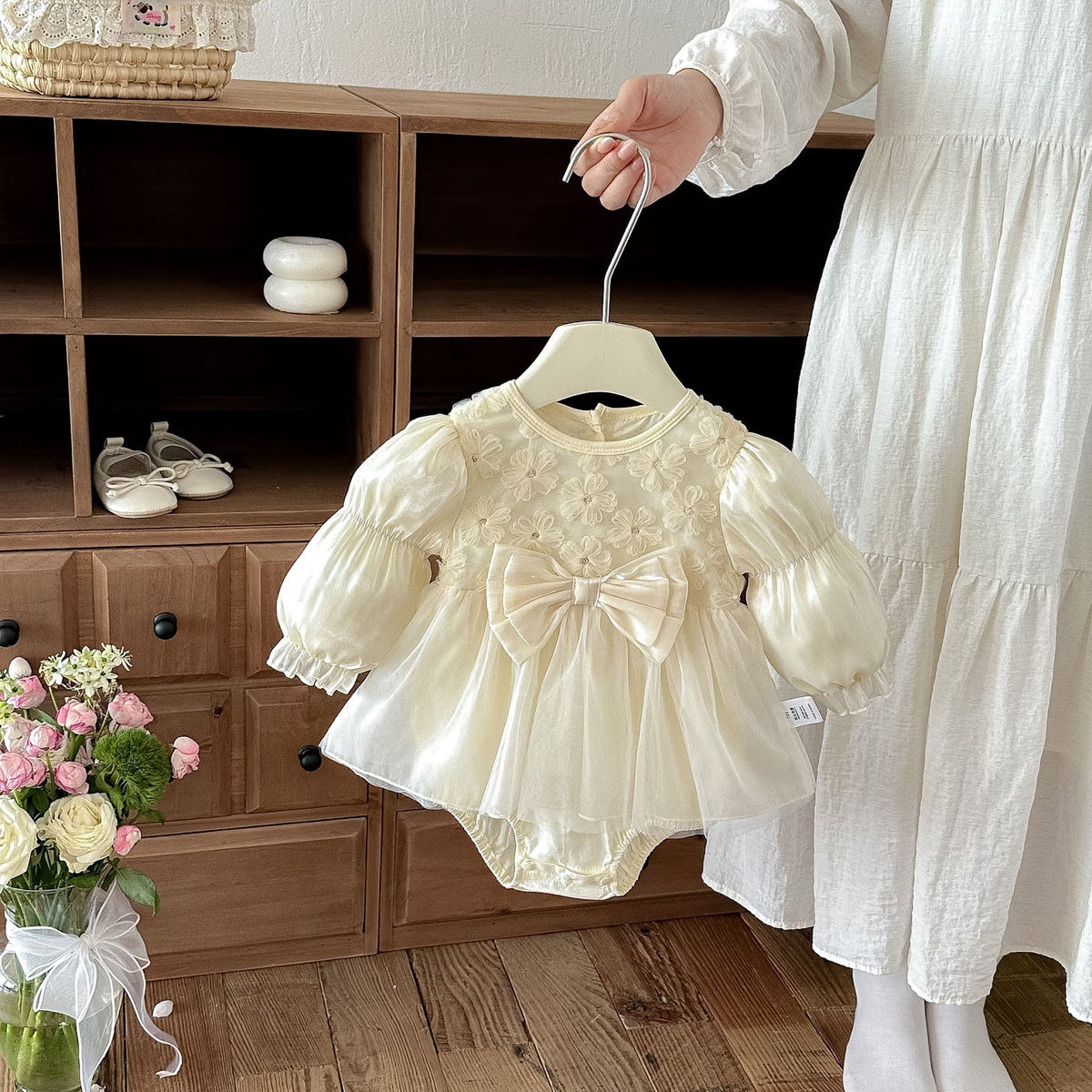 Apricot 3D Flower Bow Skirted Romper – TYM-FCN-012