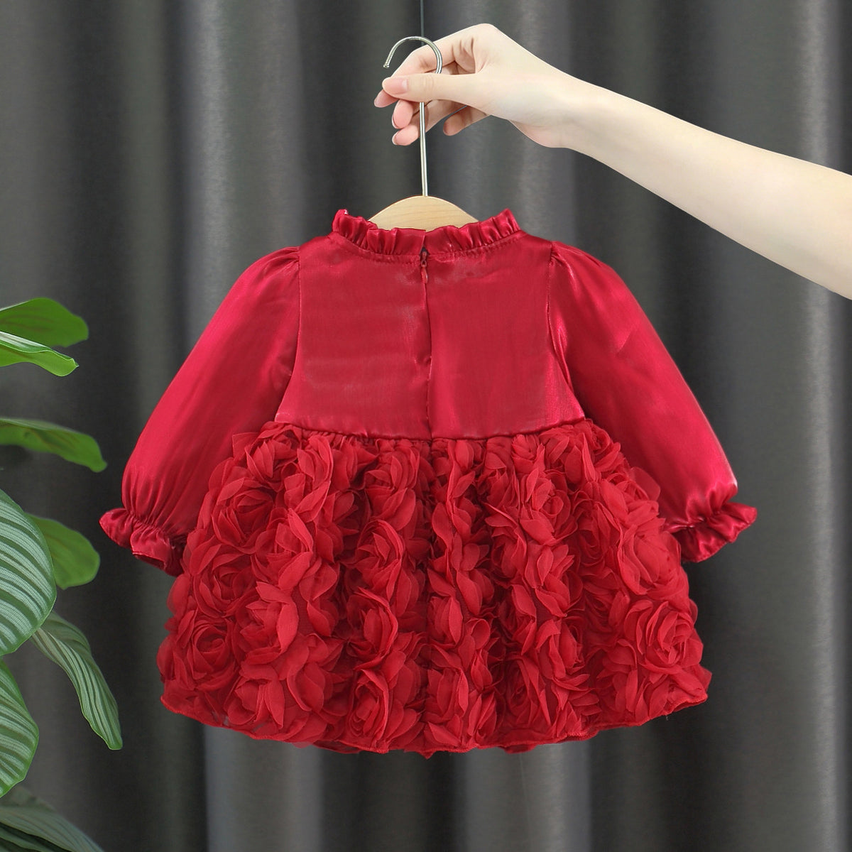 Red Rosette Pearl Bow Long Sleeve Frock – TYM-WZX-064