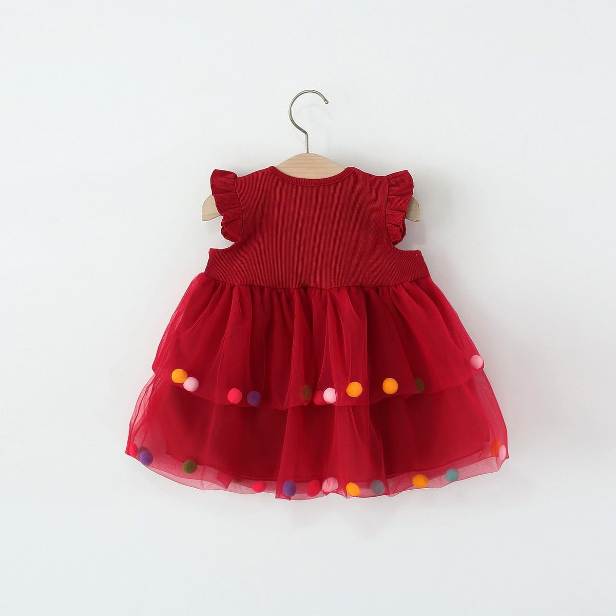 Red Pom-Pom Tiered Tulle Frock – TYM-TZO-010