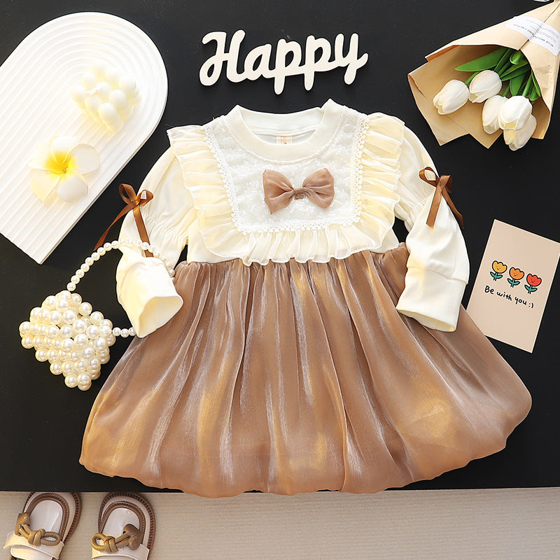 Cream & Caramel Lace Bib Shimmer Frock – TYM-CXM-093