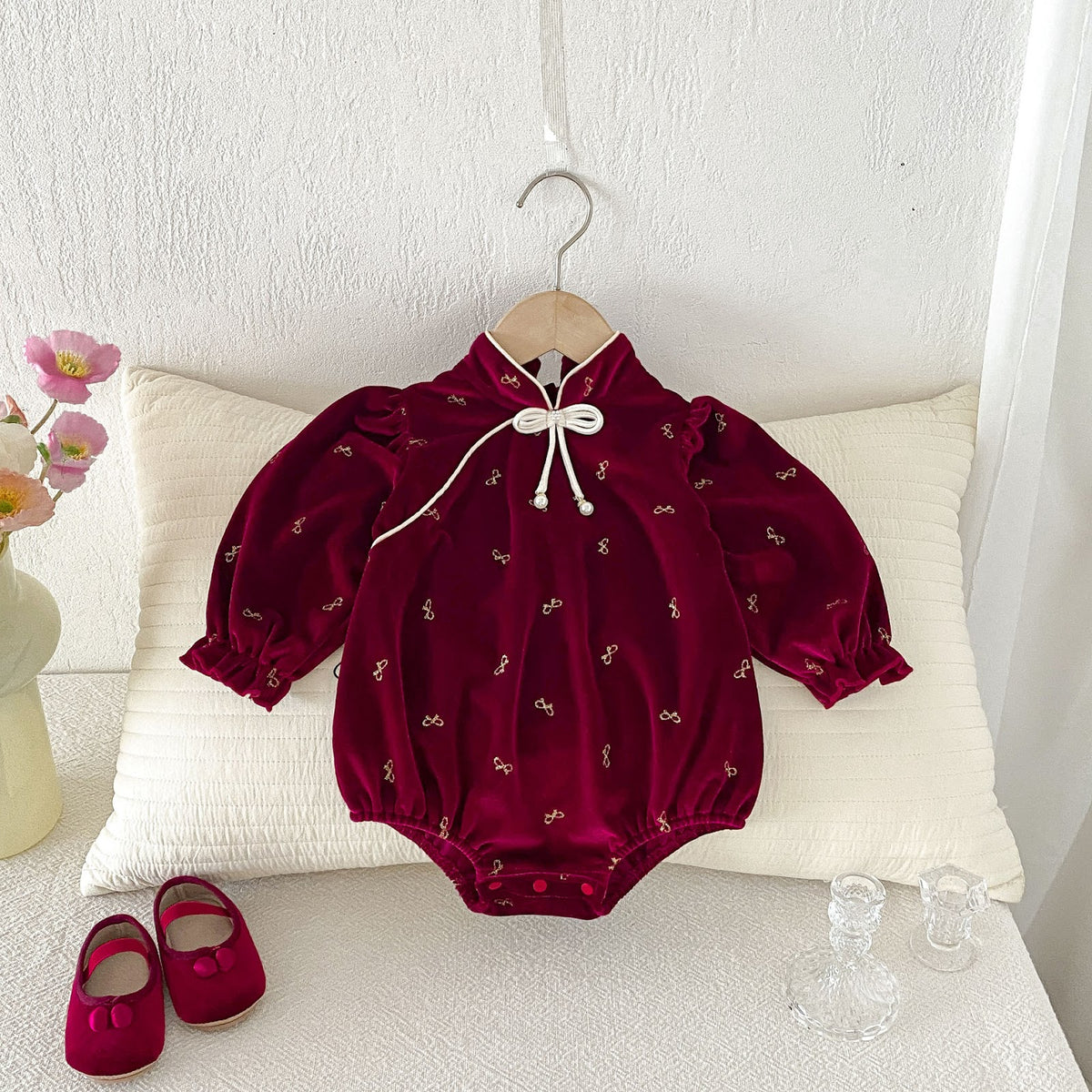 Wine Red Velvet Mandarin Collar Bubble Romper – TYM-FCN-011