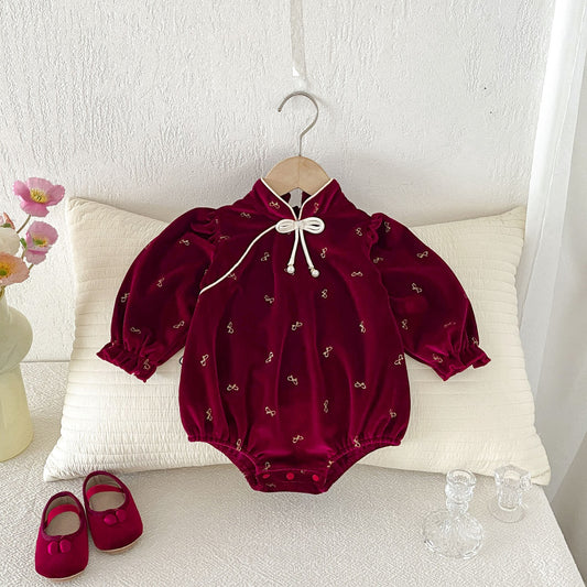 Wine Red Velvet Mandarin Collar Bubble Romper – TYM-FCN-011