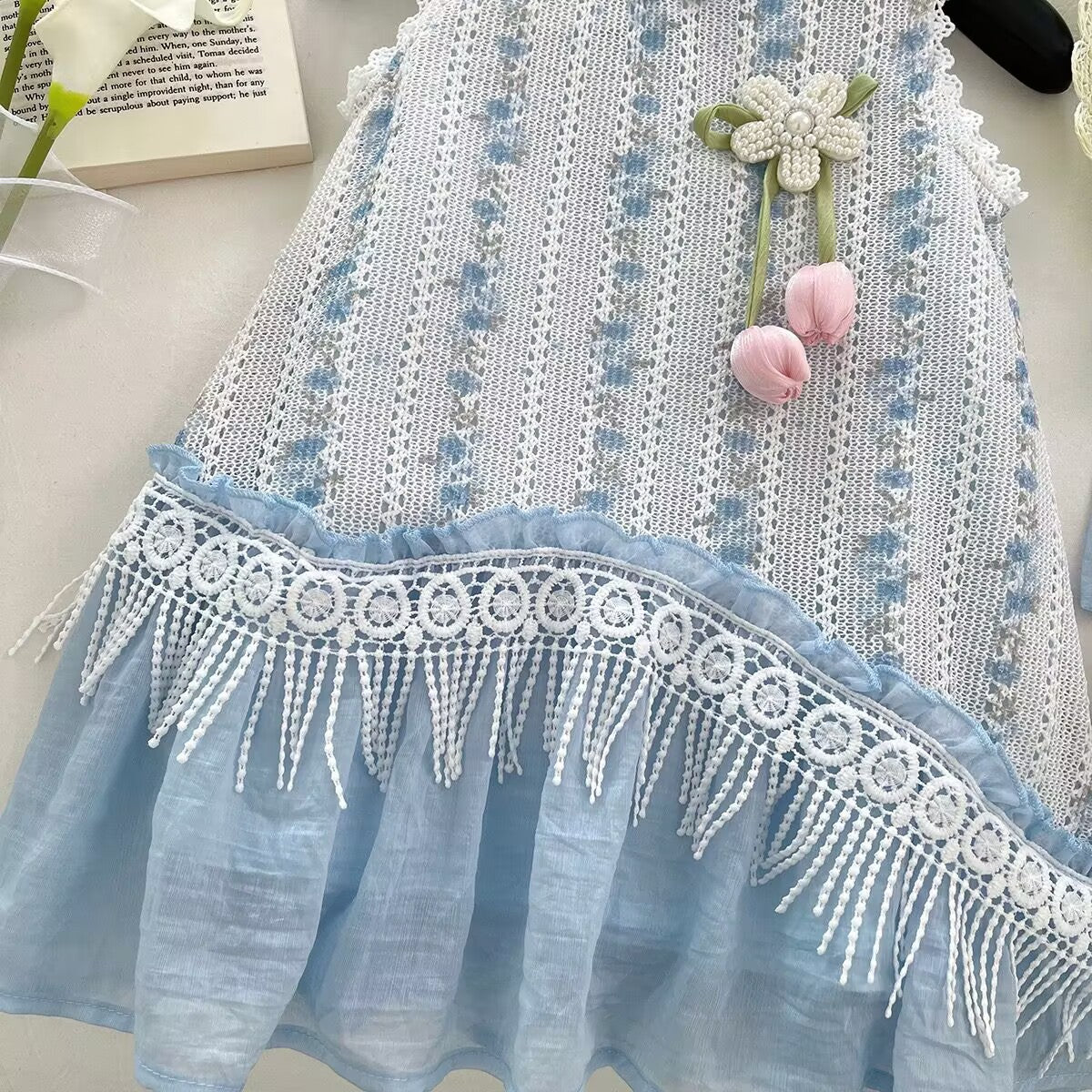 Blue Floral Lace Pearl Flower Frock – TYM-YWL-009