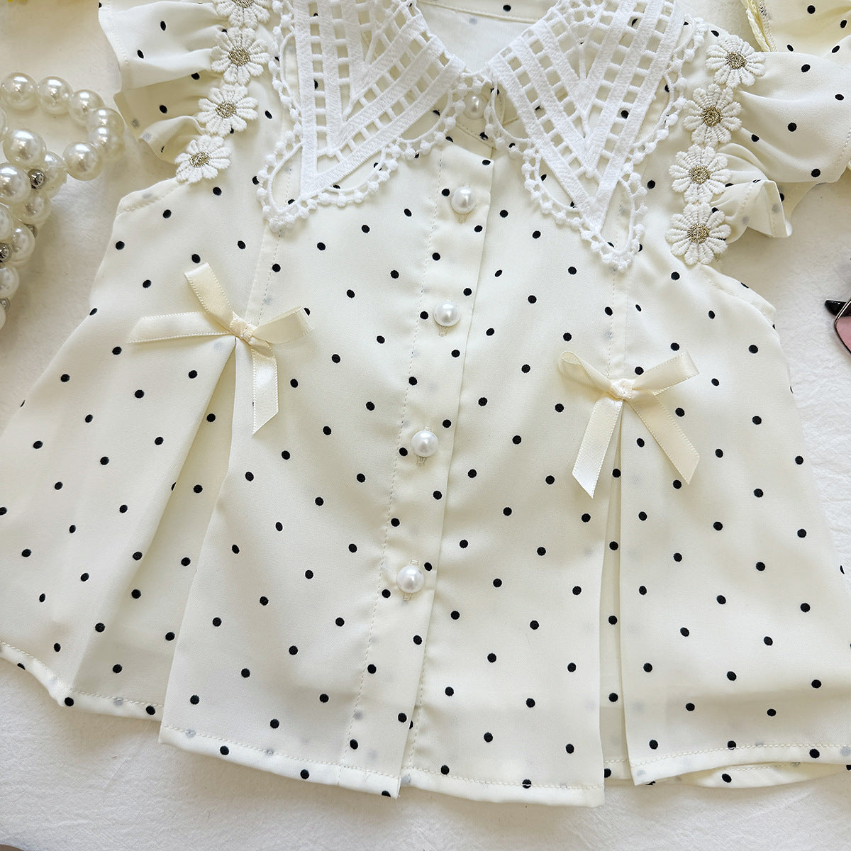 Cream Polka Dot Lace Collar Bow Flutter Frock – TYM-YWL-057