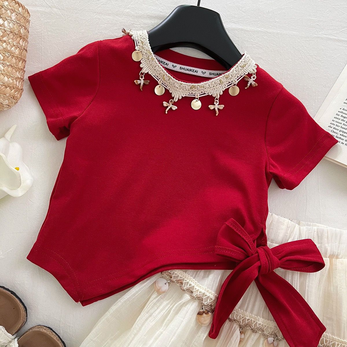 Red Side-Tie Top and Cream Shell Trim Skirt Set – TYM-YWL-006