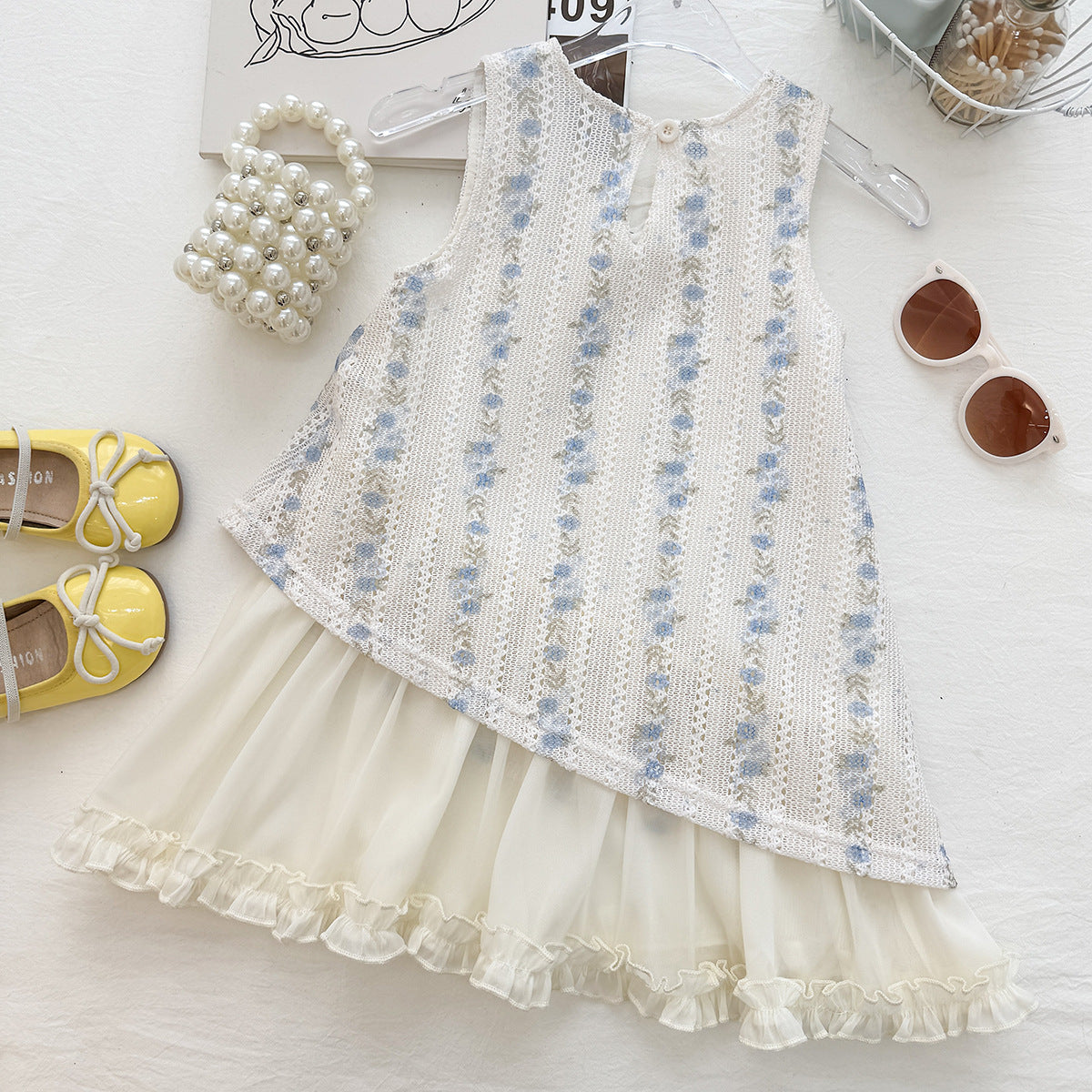 White and Blue Floral Lace Ribbon Bow Frock – TYM-YWL-058