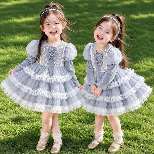 Silver Grey Lace Bow Tiered Tulle Frock – TYM-CXM-094