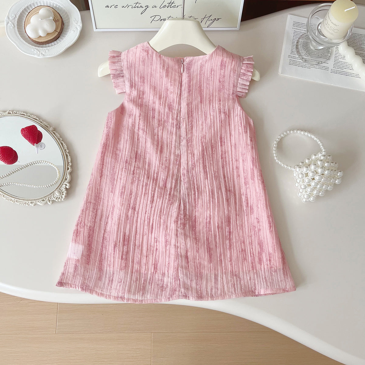 Pink Pleated 3D Pearl Flower A-Line Dress – TYM-YWL-045