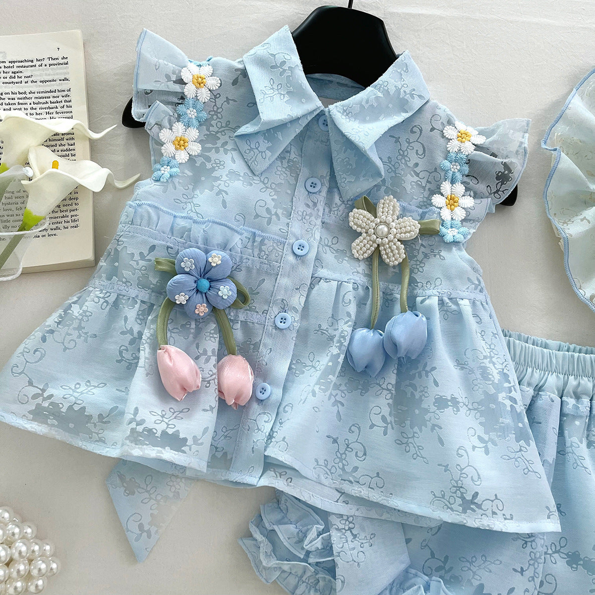 Sky Blue Floral Jacquard Top & Ruffle Shorts Set – TYM-WOP-001