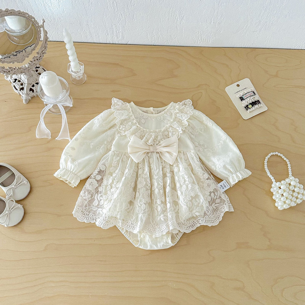 Ivory Embroidered Lace Ruffle Bow Romper – TYM-FCN-018