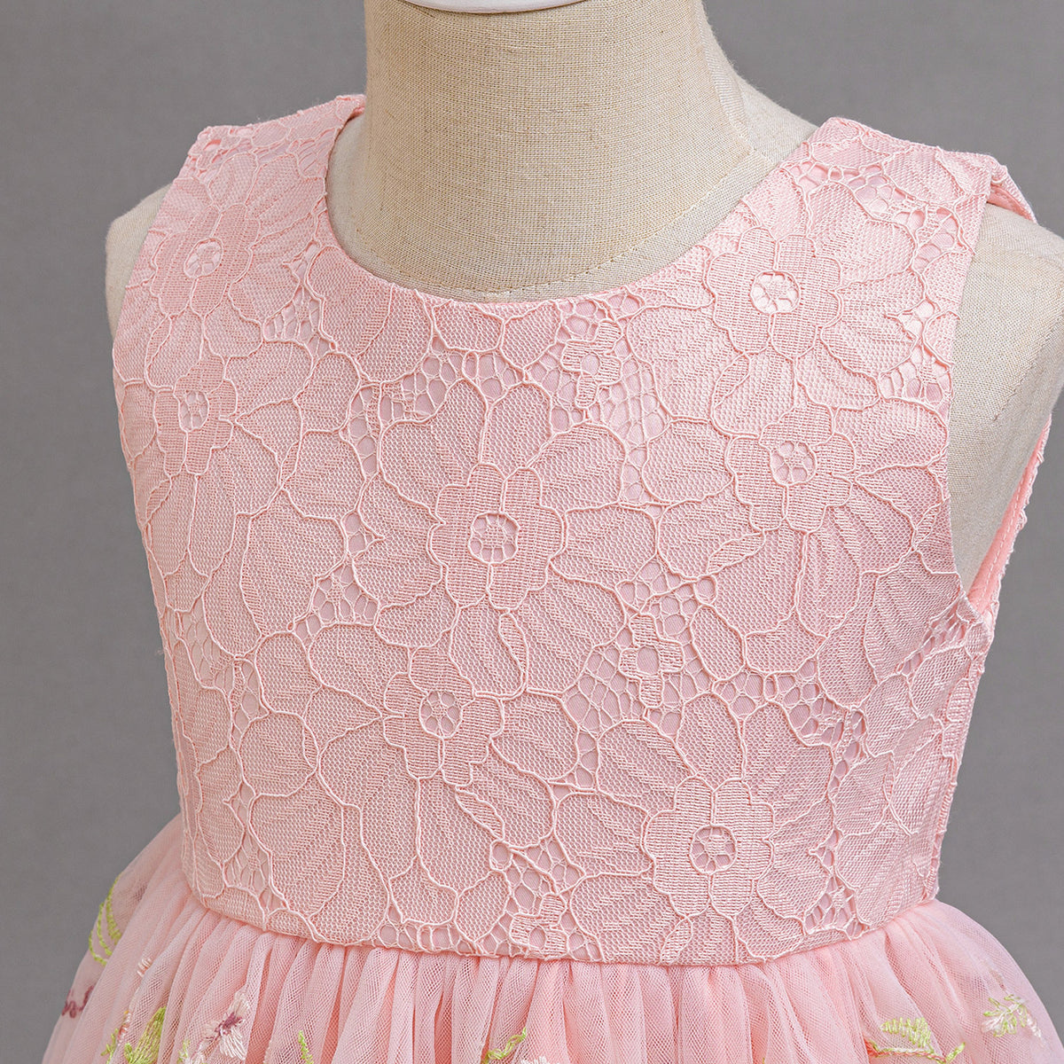 Peach Pink Lace Bodice Embroidered Tulle Party Frock – TYM-SLA-002