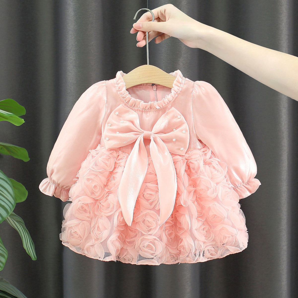 Pink Rosette Pearl Bow Long Sleeve Frock – TYM-WZX-065