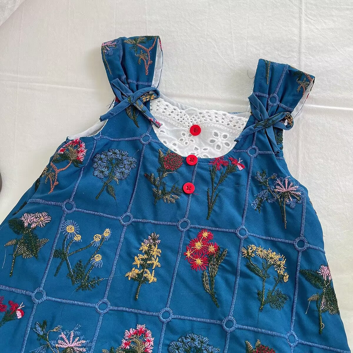Blue Botanical Pinafore with White Eyelet Dress Set – TYM-YWL-060