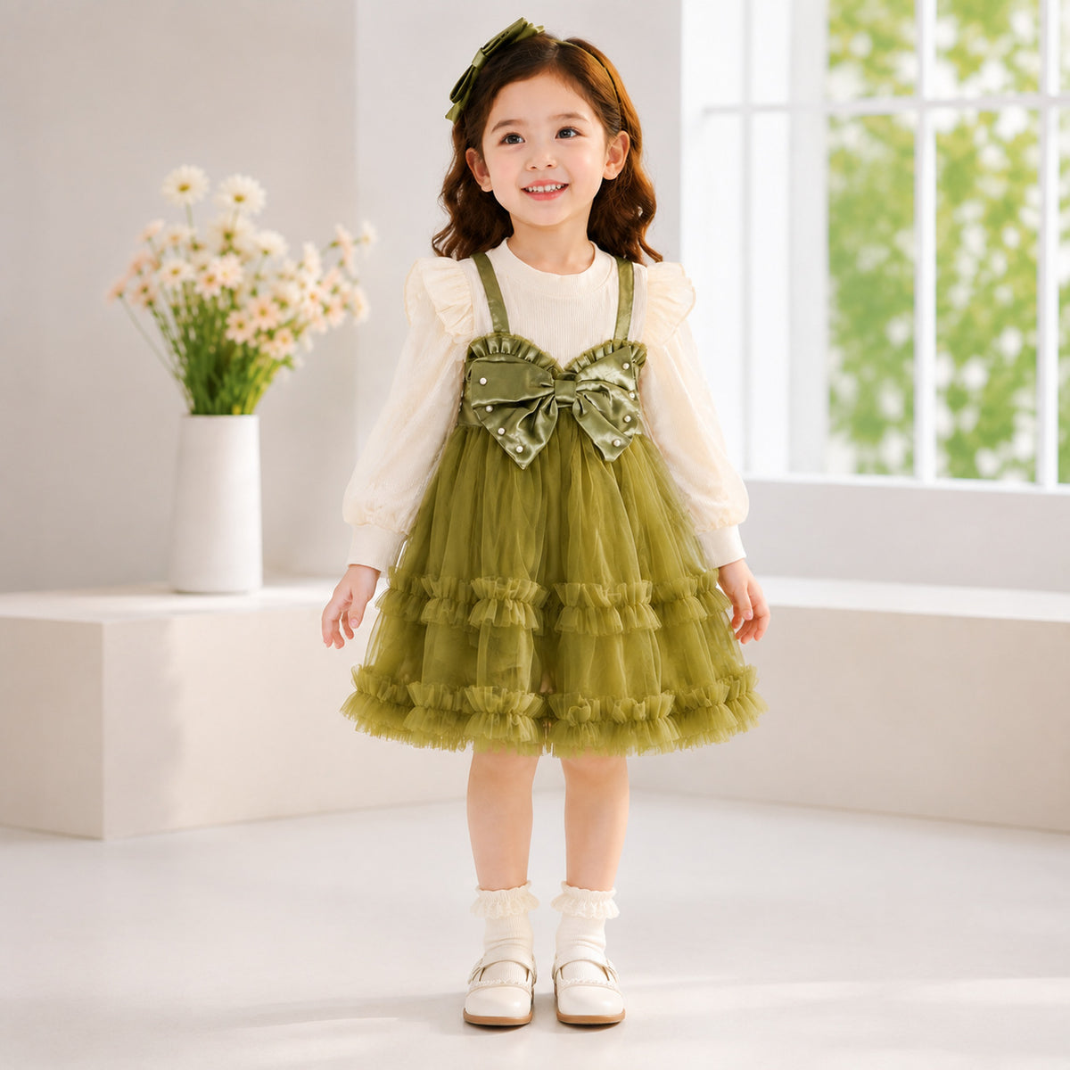 Olive Green Satin Bow Tulle Frock – TYM-CXM-046