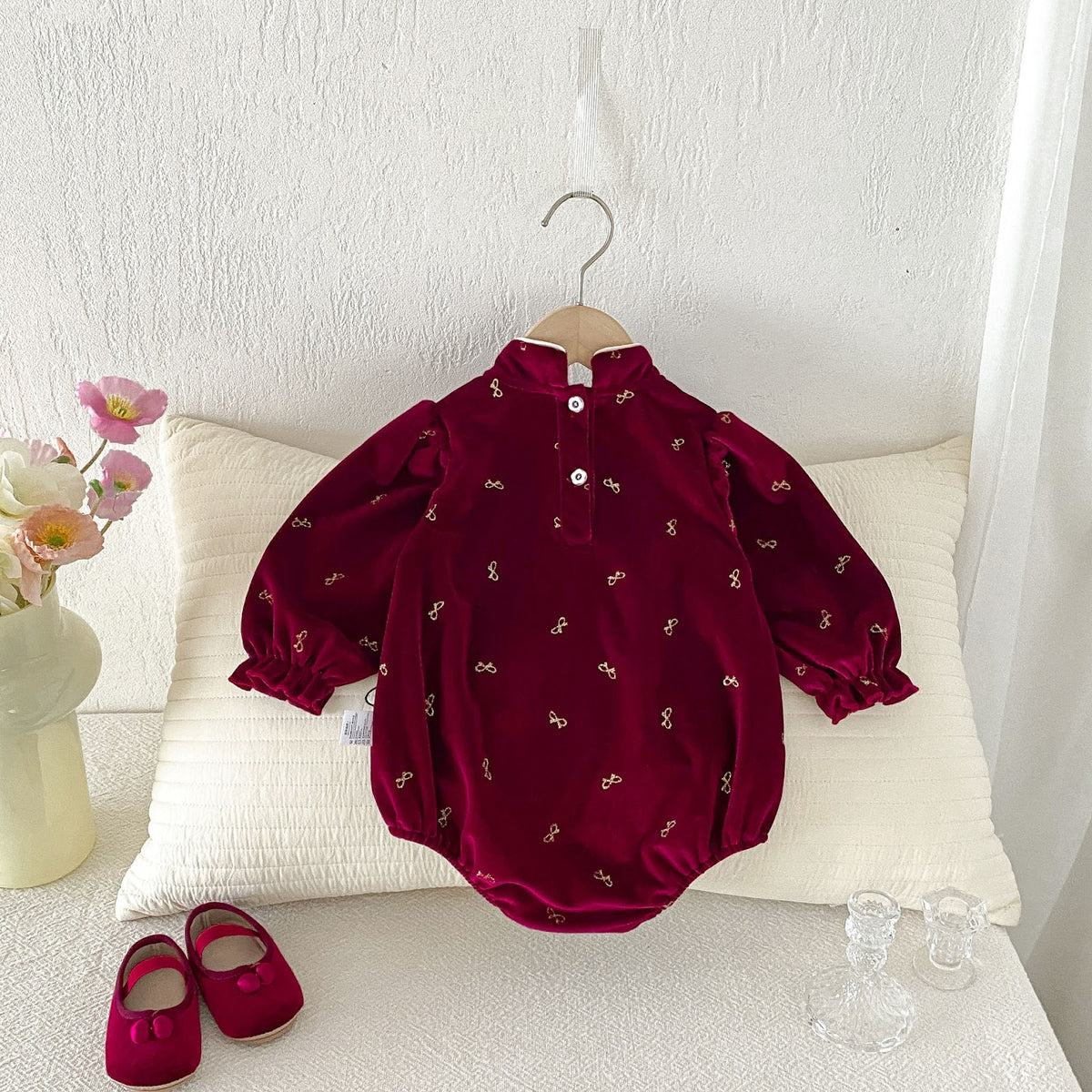Wine Red Velvet Mandarin Collar Bubble Romper – TYM-FCN-011