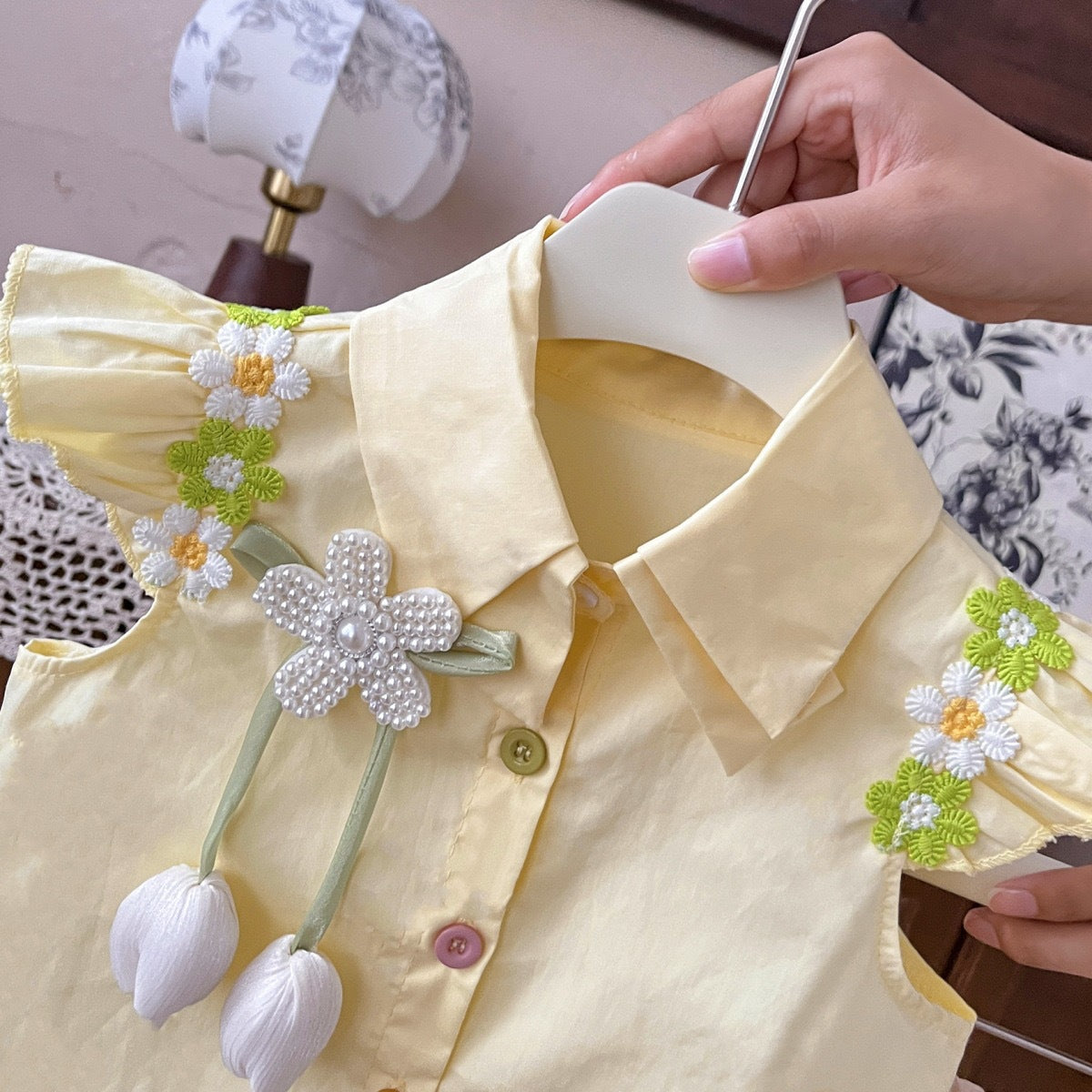 Lemon Yellow Daisy Trim Shirt and Pleated Skirt Set – TYM-YWL-044
