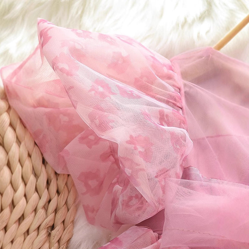 Pink Flocked Flower Tulle Party Frock – TYM-YWL-062