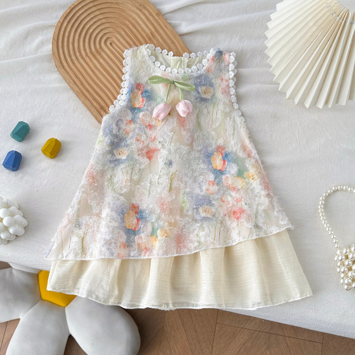 Cream Pastel Floral Textured Layered Frock – TYM-YWL-012