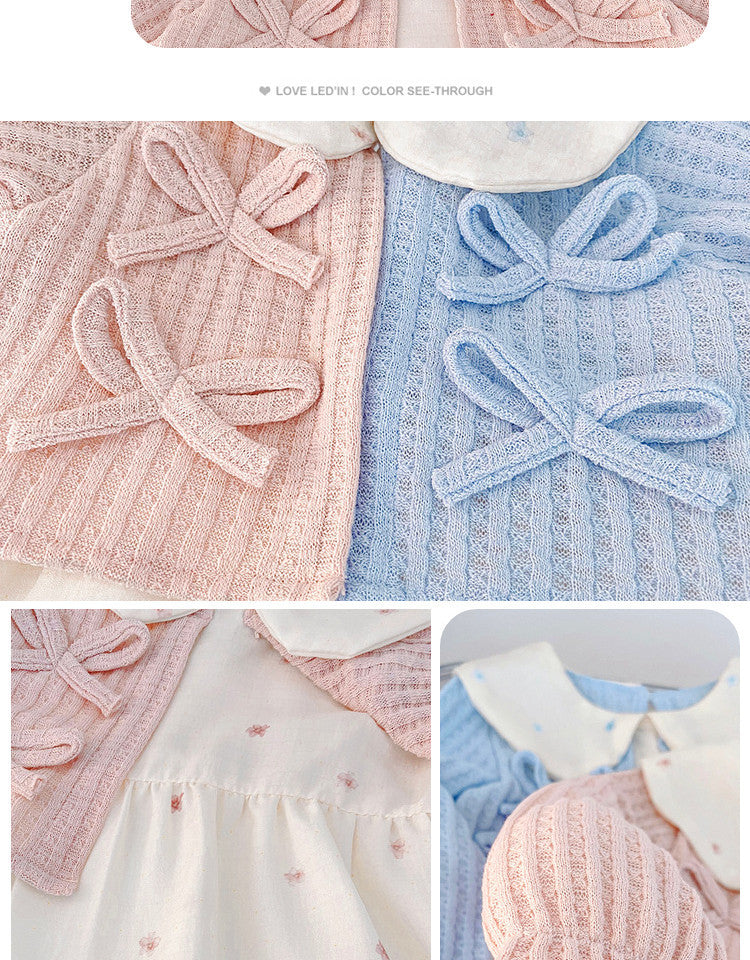 Sky Blue Bow Cardigan & Cream Dotted Frock – TYM-CXM-064