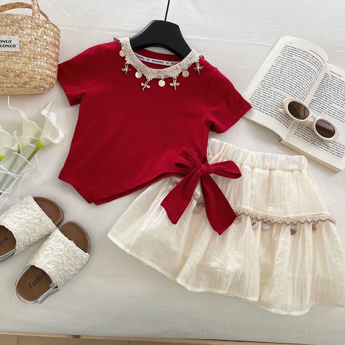 Red Side-Tie Top and Cream Shell Trim Skirt Set – TYM-YWL-006