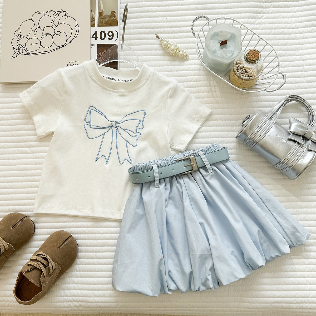 White Bow Tee and Blue Bubble Skirt Set – TYM-YWL-015