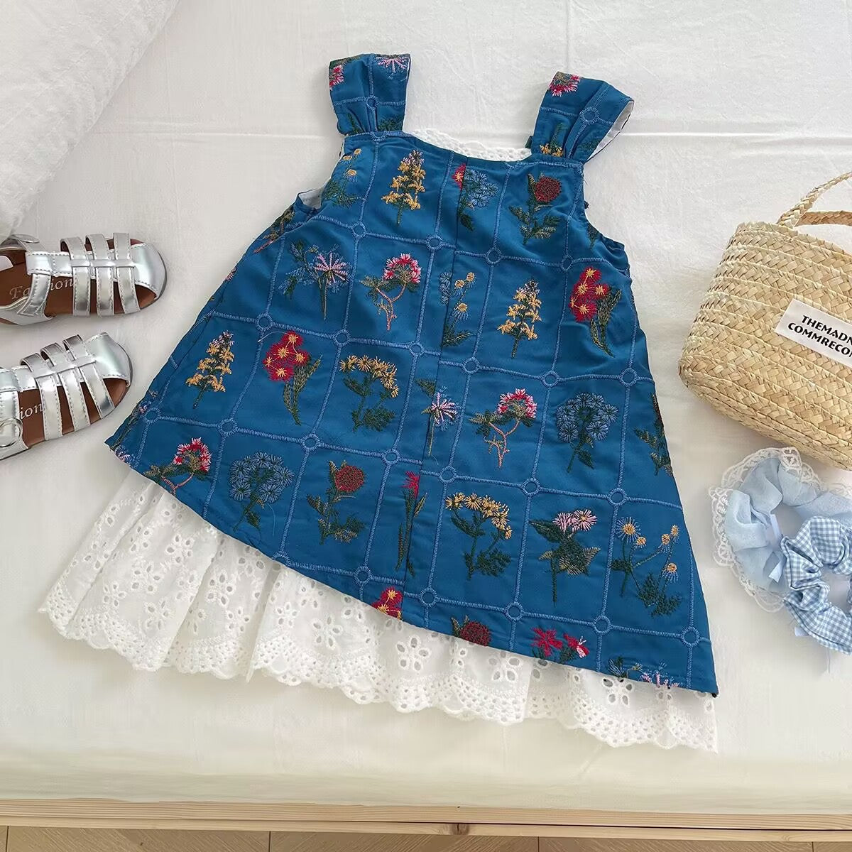 Blue Botanical Pinafore with White Eyelet Dress Set – TYM-YWL-060