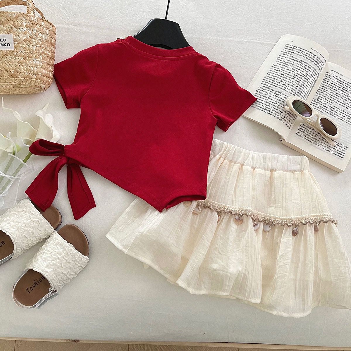 Red Side-Tie Top and Cream Shell Trim Skirt Set – TYM-YWL-006
