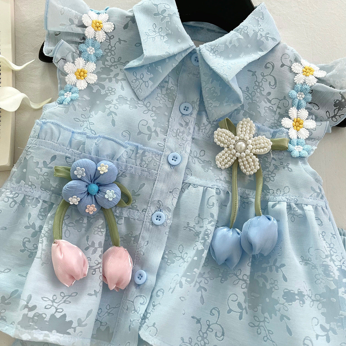 Sky Blue Floral Jacquard Top & Ruffle Shorts Set – TYM-WOP-001
