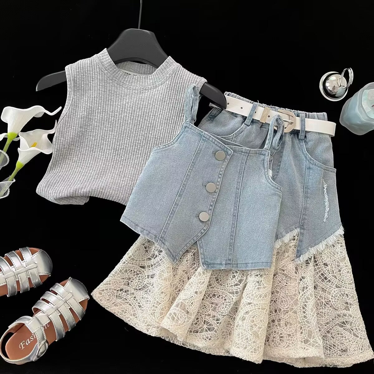 Grey Tank, Denim-Look Vest and Lace Skirt Set – TYM-YWL-029