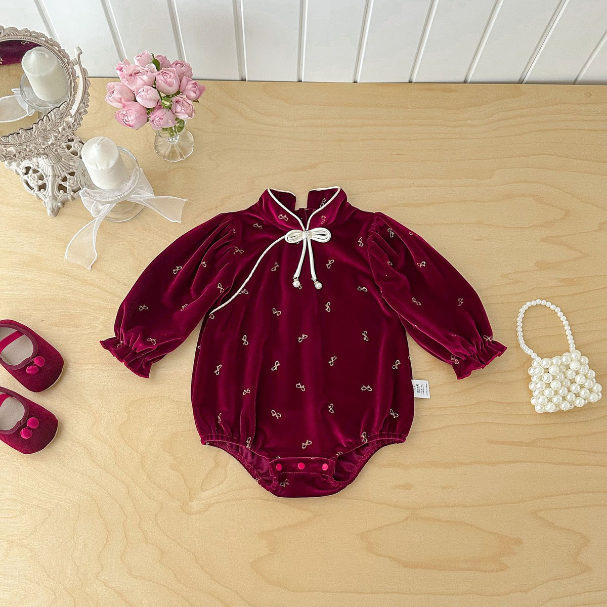 Wine Red Velvet Mandarin Collar Bubble Romper – TYM-FCN-011