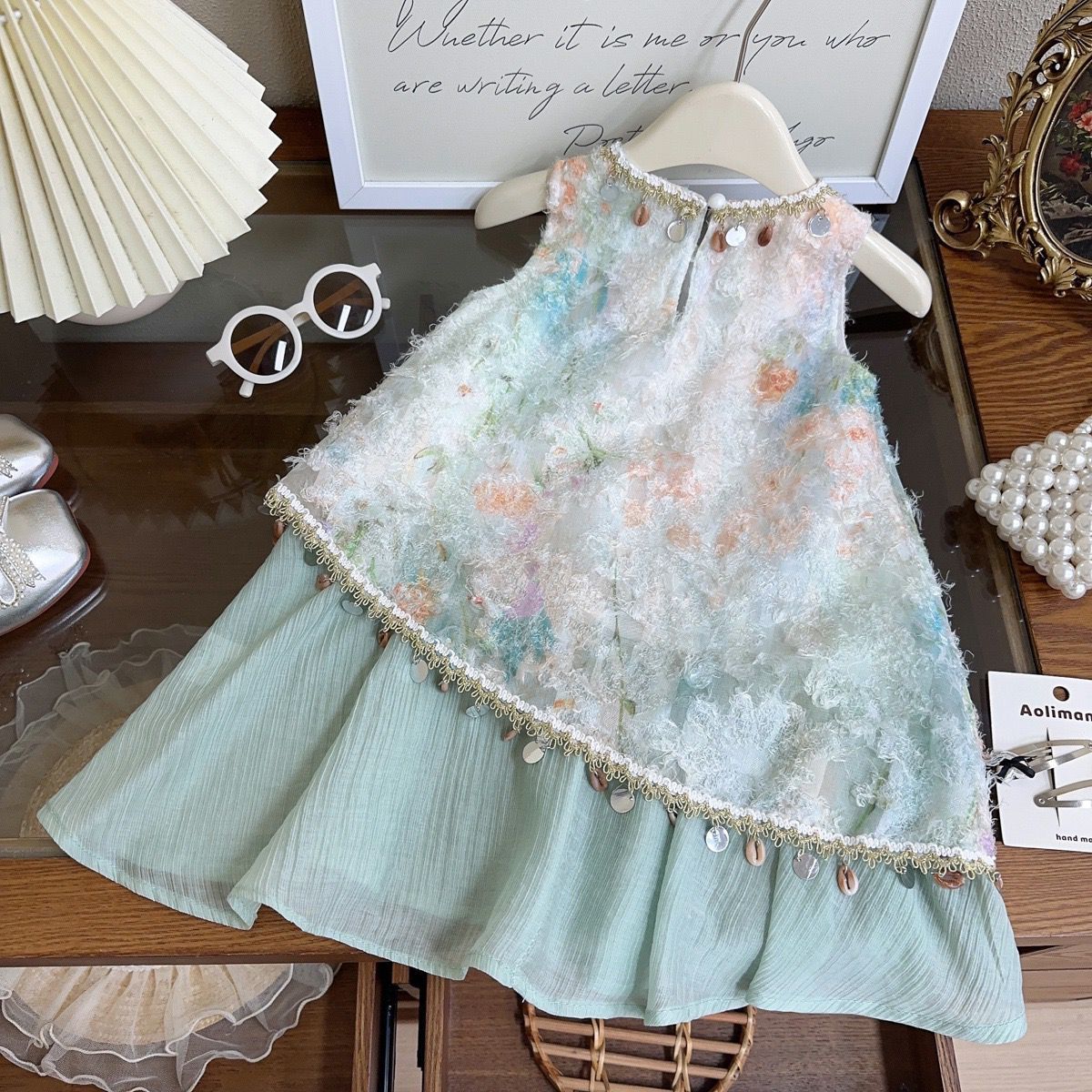 Mint Pastel Floral Textured Shell Trim Frock – TYM-YWL-061