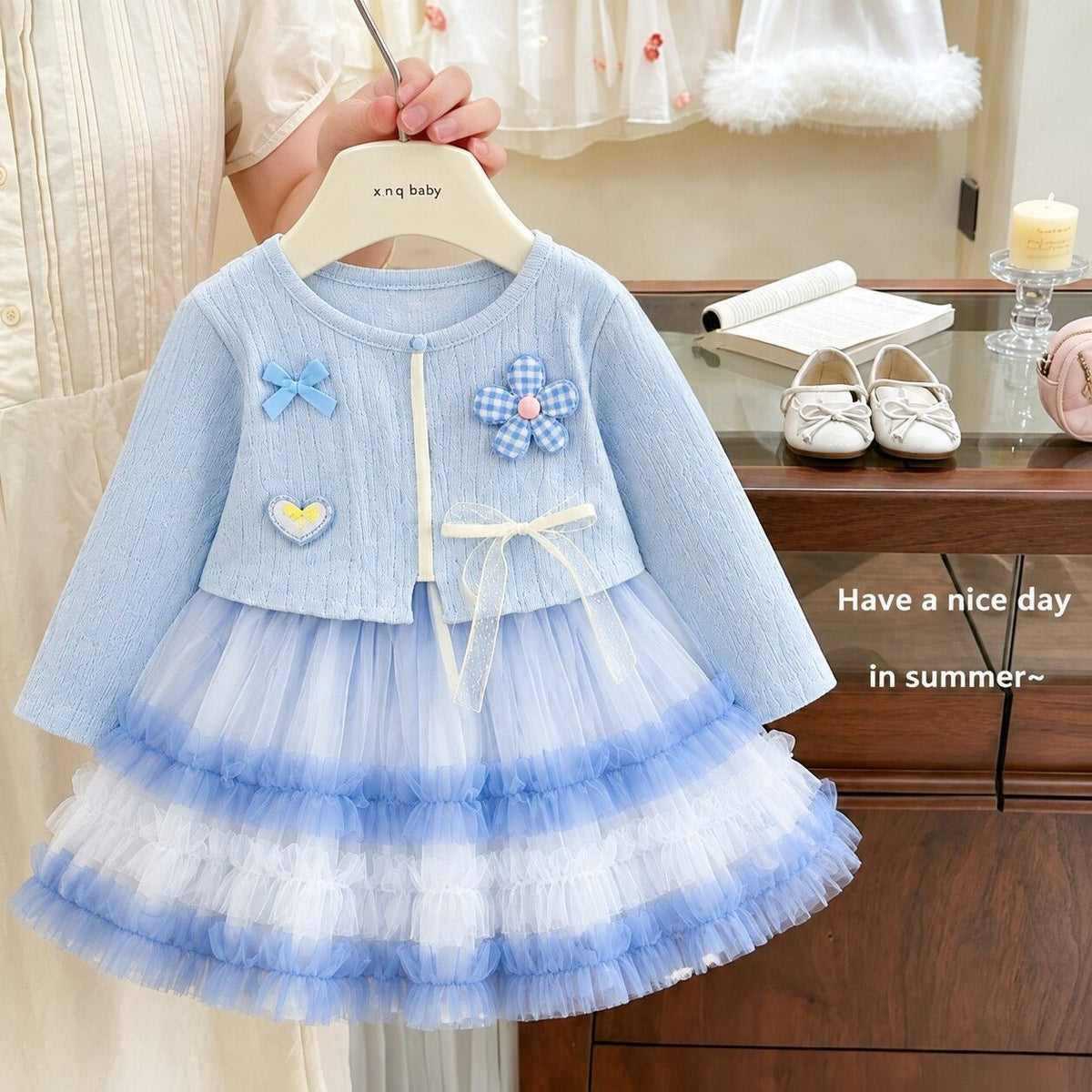 Sky Blue Patch Cardigan Ruffle Tulle Frock – TYM-CXM-090
