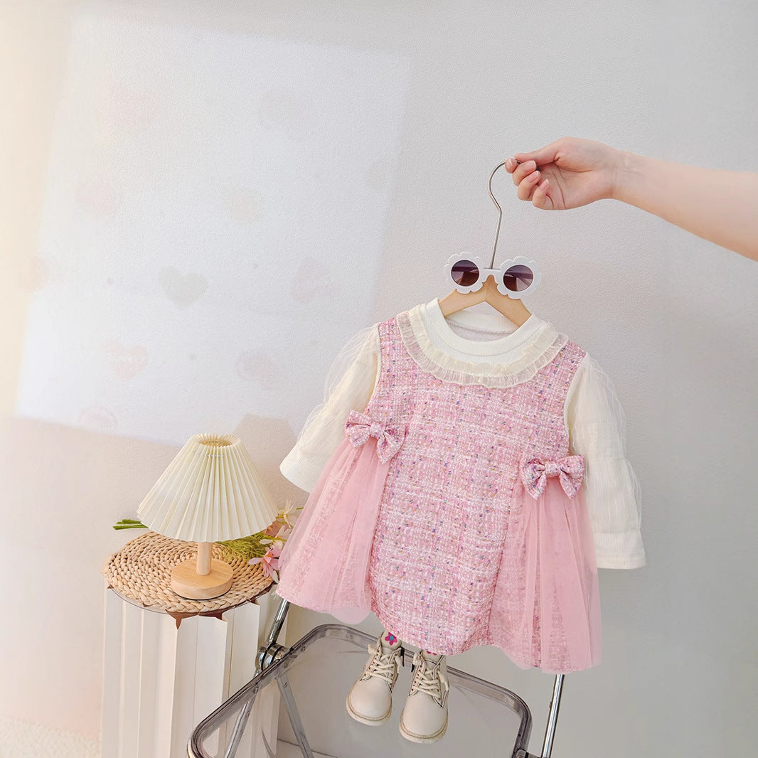 Pink Tweed Bow Tulle Pinafore Frock – TYM-CXM-050