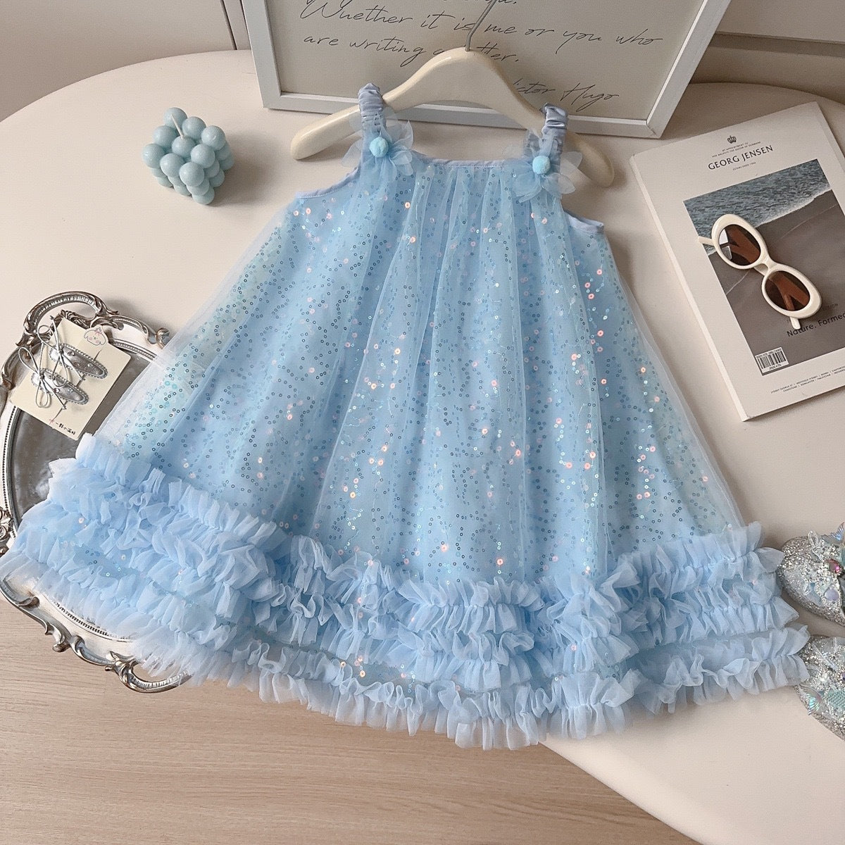 Sky Blue Sequin Tulle Ruffle Hem Sundress – TYM-YWL-036