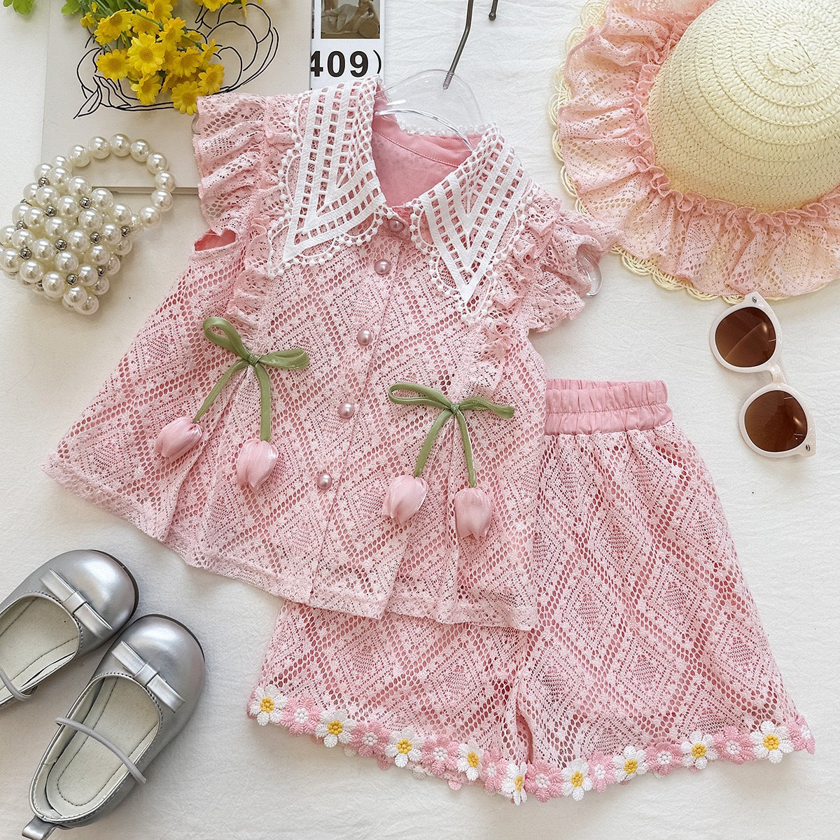 Pink Diamond Lace Big Bow Top and Shorts Set – TYM-YWL-042