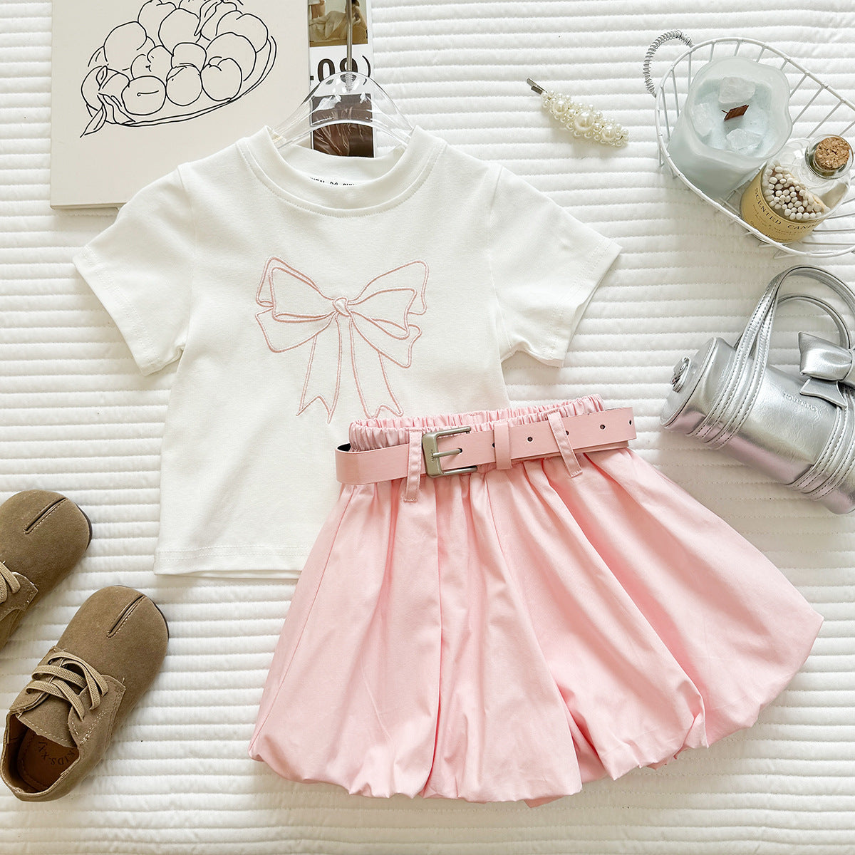 White Tee and Pink Belted Bubble Skirt Set – TYM-YWL-014