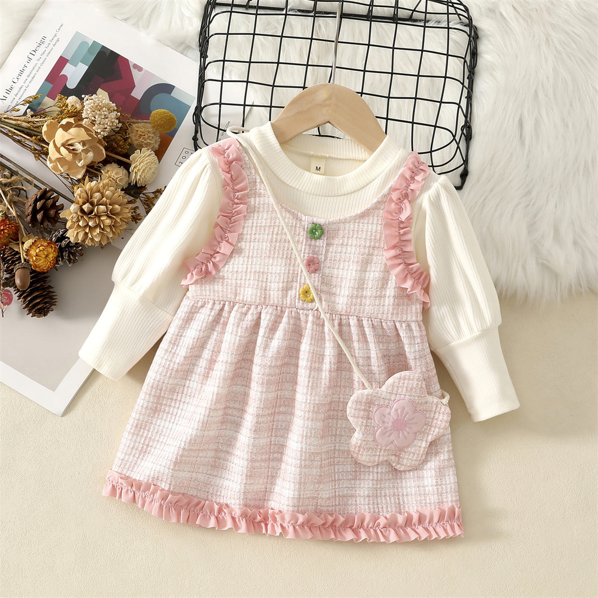 Light Pink Tweed Ruffle Pinafore Frock – TYM-WZX-070