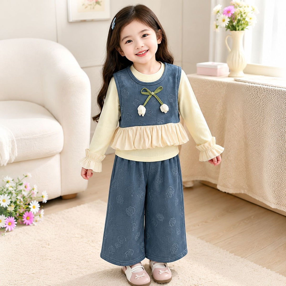 Dusty Blue Bow Vest & Flared Pants Set – TYM-CXM-034