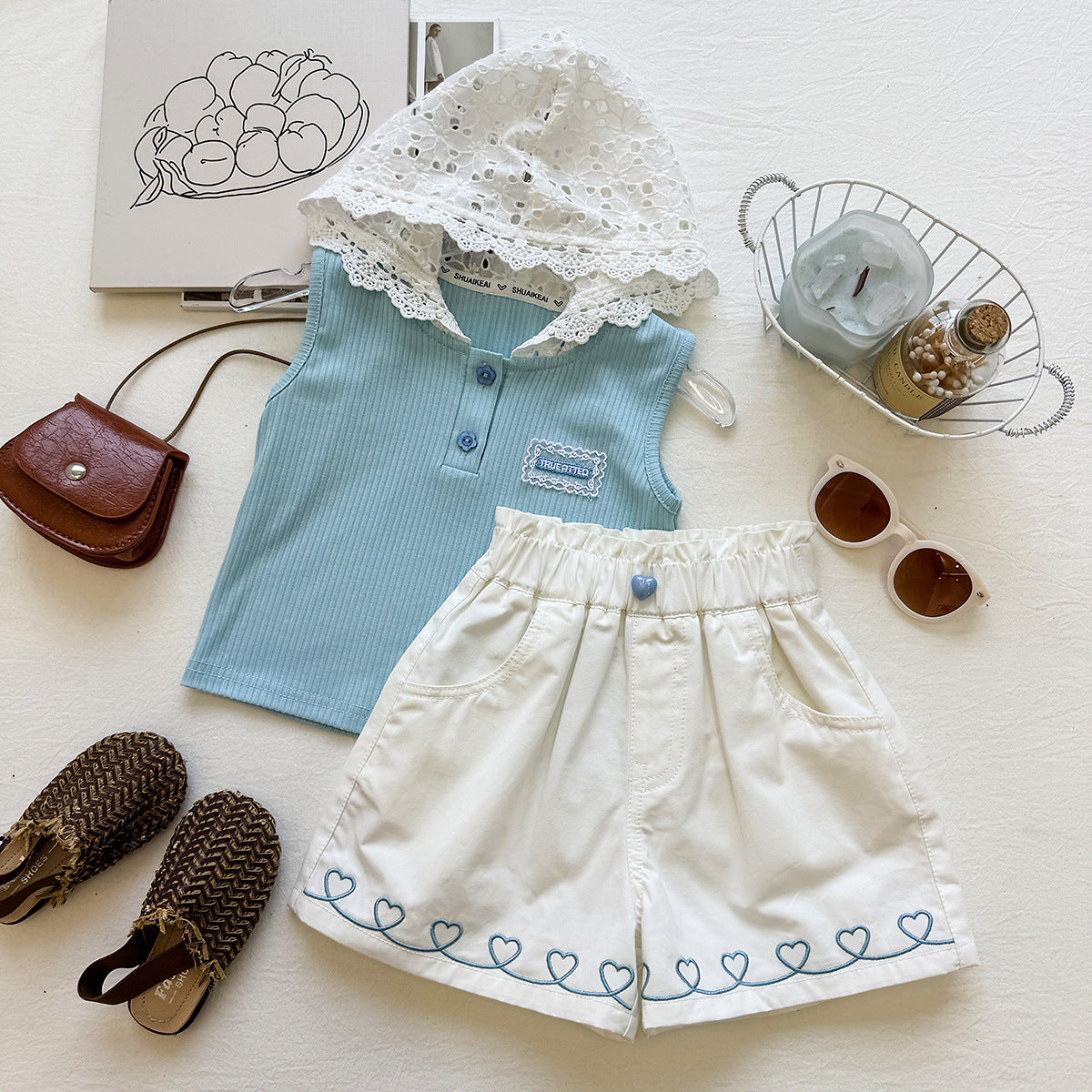 Aqua Blue Ribbed Top with Eyelet Lace Hood – TYM-YWL-013