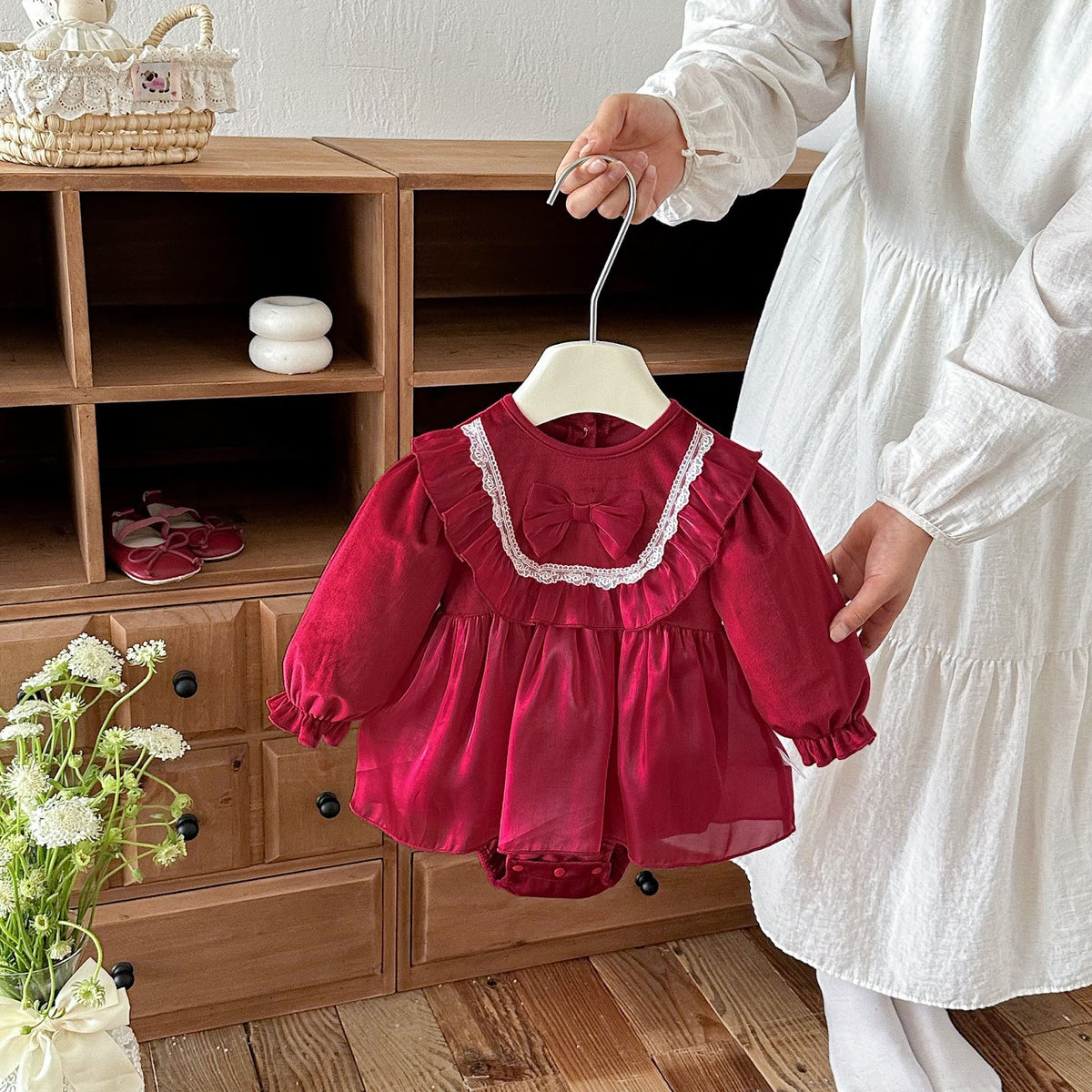 Wine Red Ruffle Bib Skirted Romper – TYM-FCN-008