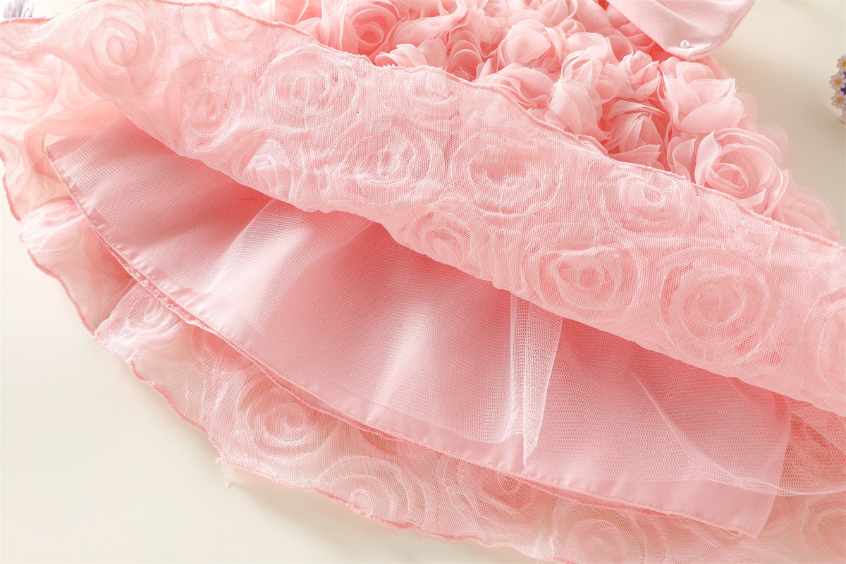 Pink 3D Rosette Pearl Bow Party Frock – TYM-WZX-032